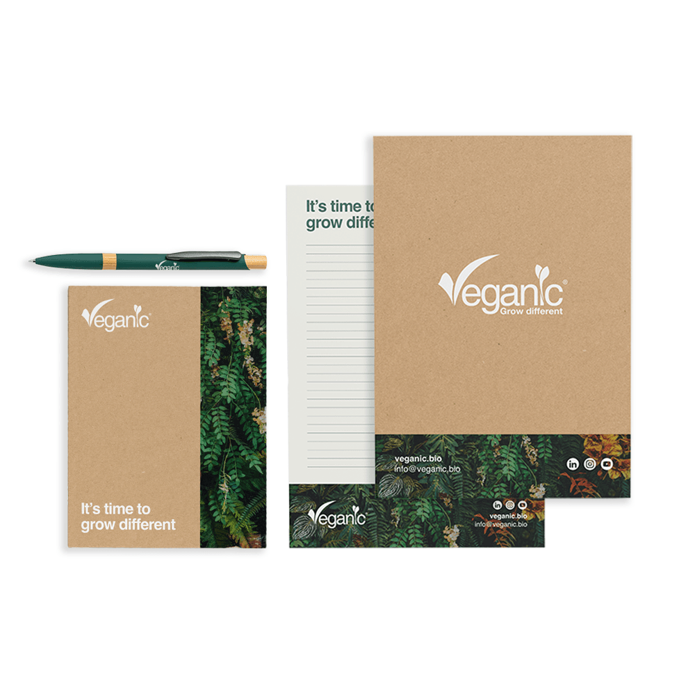 Set di cancelleria eco veganico con taccuino, blocco note e penna